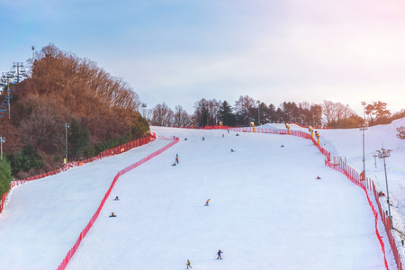 The skier was skiing down the hill.の写真素材