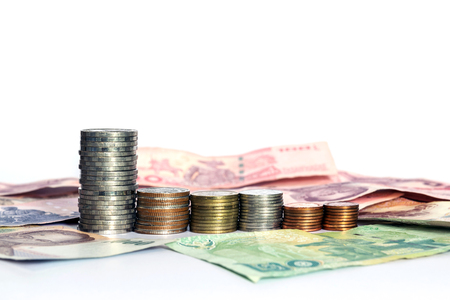 A row of Thailand's Baht isolated on white background.の写真素材