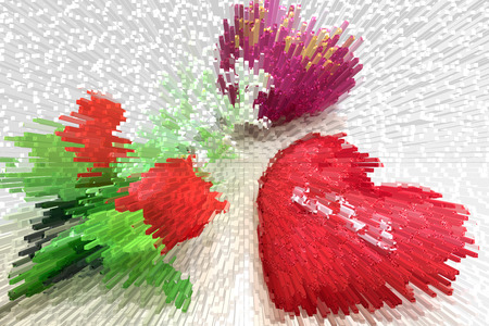 Red heart shaped and red roses on white background sign for love and valentine days;Crystallize filter effect.の写真素材