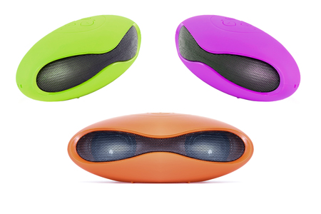 Group of mini wireless bluetooth speakers for computer notebook and smart phone isolated on white background.の写真素材
