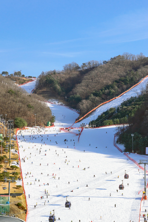 The skier was skiing down the hill.の写真素材