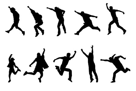 Silhouette of peoples in a different actions isolated on white background.の写真素材