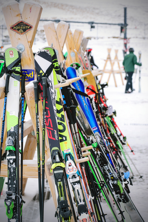 Jungfrau,Switzerland-Jan 4,2017:Closeup Equipment for skiing, a sport popular in winter, in Switzerland and in countries with colder climates and snow.のeditorial素材