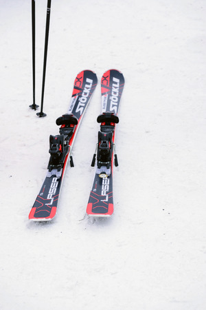 Jungfrau,Switzerland-Jan 4,2017:Closeup Equipment for skiing, a sport popular in winter, in Switzerland and in countries with colder climates and snow.のeditorial素材
