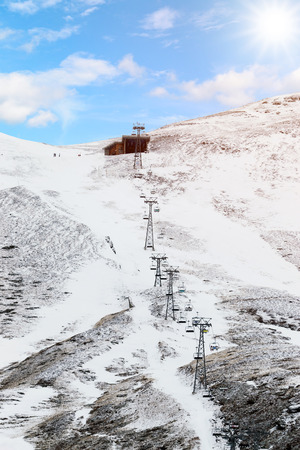 Funicular ride up on the mountain for skiers to ski down to the bottom.の写真素材
