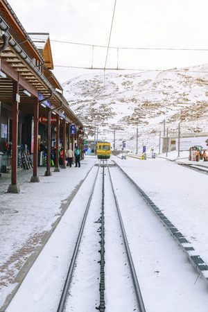 Jungfrau,Switzerland-Jan 4,2017: Scenic railway to Klein's Scheidegg mountain pass, a famous ski resort area, to admire the passing scenic valleys and the Glacier Falls.のeditorial素材