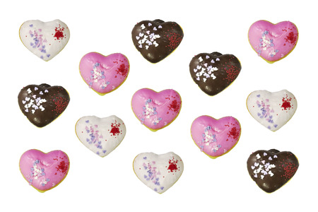 Group of heart shaped donuts isolated on white background.の写真素材