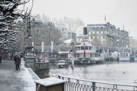 Lucern,Switzerland-Jan 3,2017: Holiday in Europe beautiful foggy view and snows of Lucerne ,Switzerland in winter.のeditorial素材