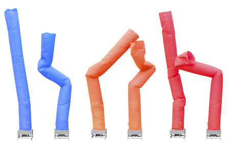 Collection of fan blowing balloons in advertising isolated on white background, with clipping path.の写真素材