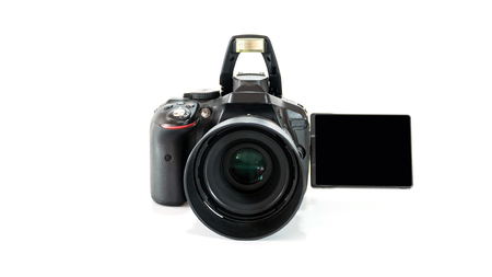 Digital SLR camera with flash isolated on white background.の写真素材
