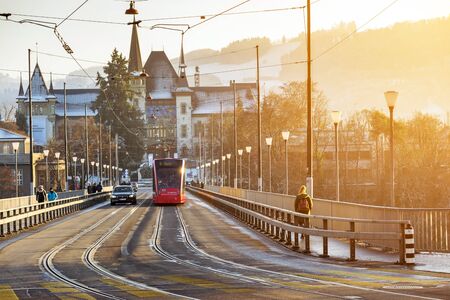 Bern, Switzerland-Jan 3, 2017: The Electric streetcar is a unique vehicle of the city of Bern used to travel within the city.のeditorial素材