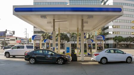 Los Angeles, California/United states Of America-April 6,2018: Self-service gas pump on the street W Century Blvd in Los Angeles.のeditorial素材