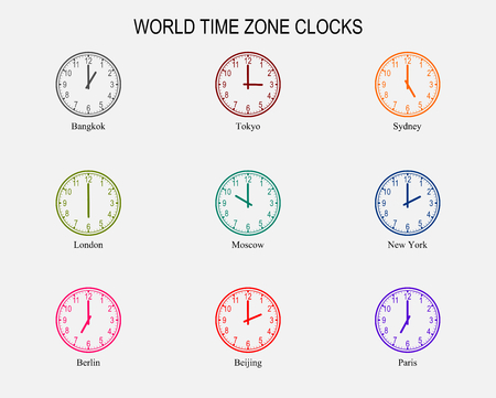 Set of analog clocks world zone time vector graphic design show the difference of time in different countries.のイラスト素材