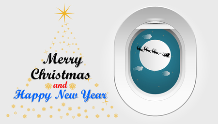 Vector illustration graphic design of Santa Cross sits on a snowmobile with a reindeer on the sky in front of the full moon view from the window of a plane, concept for Christmas day.のイラスト素材