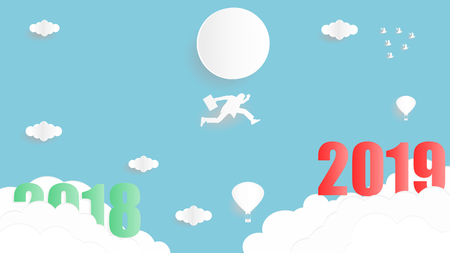 Vector illustration graphic design of business man jumping from year 2018 to year 2019 over the sky, paper art style concept for 2019 new year.のイラスト素材