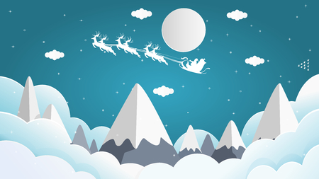 Vector illustration graphic design of Santa Cross sits on a snowmobile with a reindeer on the sky in front of the full moon on Christmas night with snow falling over the peek of the mountain.のイラスト素材