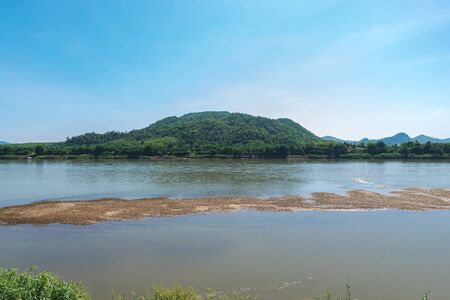 The beauty of the Mekong River and mountains in Nong Khai province of Thailand.の写真素材