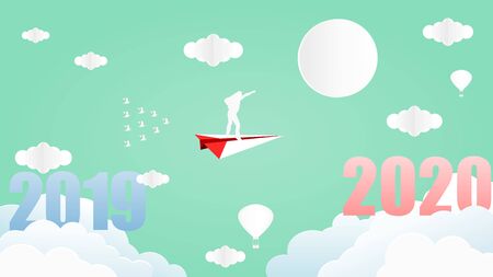 Vector illustration graphic design of business man standing on the paper plane flying from year 2019 to year 2020 over the sky, paper art style concept for 2019 new year.のイラスト素材