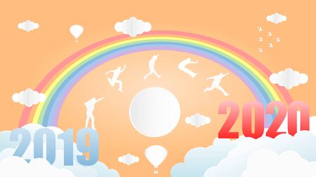 Paper art style vector illustration graphic design of group of people jumping from year 2019 to year 2020 over the sky under the rainbows.のイラスト素材