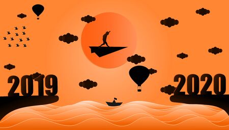 Vector illustration graphic design silhouette of business man standing on the paper plane flying from year 2019 to year 2020 over sunset at the sea, paper art style concept for 2020 news year.のイラスト素材