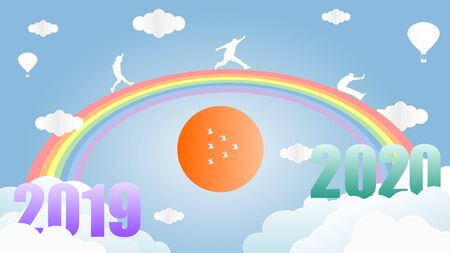 Paper art style vector illustration graphic design group of people walking on the rainbow from year 2019 to year 2020 over the sun and the sky.のイラスト素材