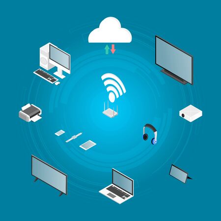 Wireless technologies isometric icons and electronic objects set connect with cloud, 3d vector illustration.のイラスト素材