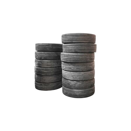 Closeup a pile of old truck tires isolated on white backgroundの写真素材