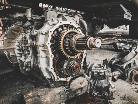 Closeup gears of car engines that have been removed for overhaul and repair in the car garage.の写真素材
