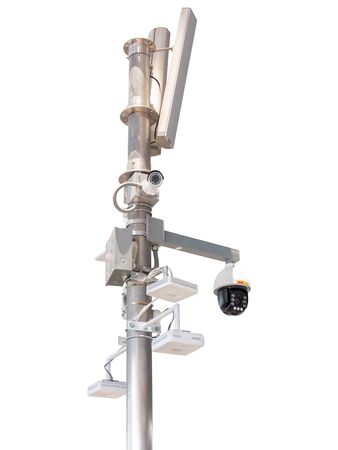 CCTV cameras, wireless signal distribution equipment and speakers mounted on poles isolated on white background.の写真素材