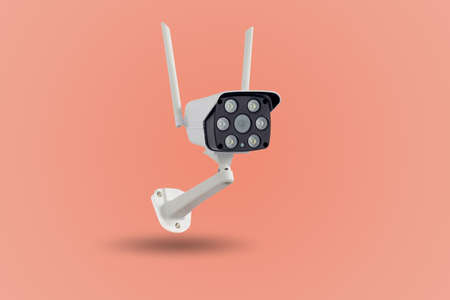 Waterproof outdoors wireless CCTV camera isolated on pastel colors background.の写真素材