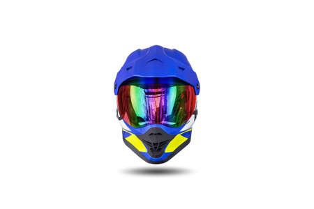 Front view of a multi colored motocross helmet isolated on white background.の写真素材