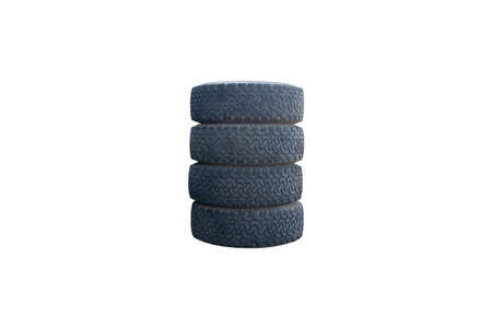 Pile of old car tires isolated on whiteの写真素材