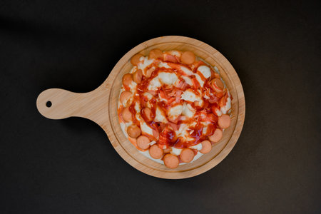 Closeup top view of pizza on a wooden tray.