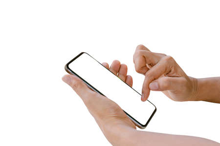 Closeup a woman's hand is using a smart phone to search for information online isolated on white background.の写真素材
