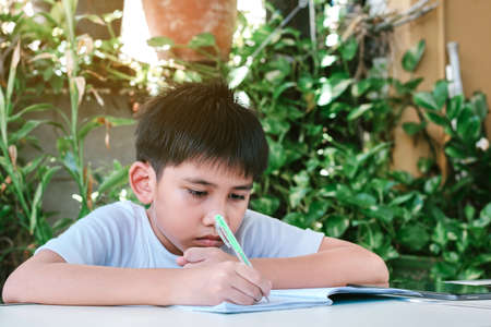 Asian boy doing his homework using a pen to write on a notebook.の写真素材