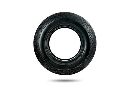 Side view of an all terrain tire designed for use in all road conditions isolated on white background.の写真素材