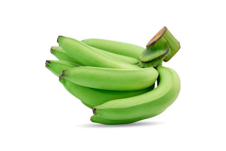 Group of green raw bananas in a same branch isolated on white background.の写真素材