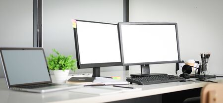 Workspace desk and laptop. copy space and blank screen. Business image, Blank screen laptop and...