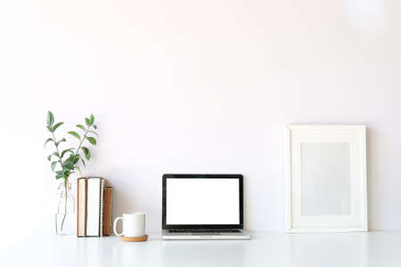 Workspace desk and laptop. copy space and blank screen. Business image, Blank screen laptop and supplies.の写真素材