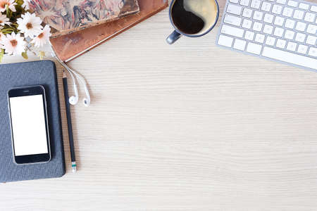 Top view Office desktop with office accessories, Desktop with business objects.の写真素材