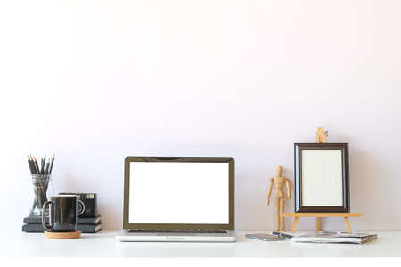 Workspace desk and laptop. copy space and blank screen. Business image, Blank screen laptop and supplies.の写真素材