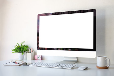 Workspace desk and laptop. copy space and blank screen. Business image, Blank screen laptop and supplies.の写真素材