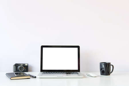 Workspace desk and laptop. copy space and blank screen. Business image, Blank screen laptop and supplies.の写真素材