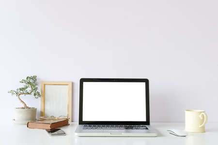 Workspace desk and laptop. copy space and blank screen. Business image, Blank screen laptop and...