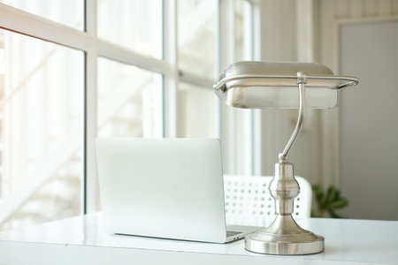 Workspace desk and laptop. copy space and blank screen. Business image, Blank screen laptop and supplies.の写真素材