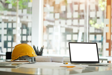 Workspace desk and laptop. copy space and blank screen. Business image, Blank screen laptop and supplies.の写真素材
