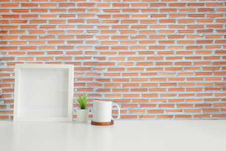 Mockup workspace desk and copy space books,plant and coffee on white desk.の写真素材