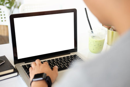 Mock up Copy Space Blank Screen workspace with computer laptop on table.の写真素材