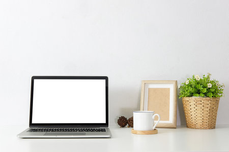 Workspace desk and laptop. copy space and blank screen. Business image, Blank screen laptop and supplies.の写真素材