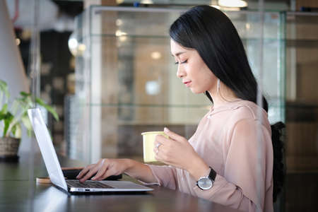 A businesswoman working on new project with laptop computer in modern office.の写真素材